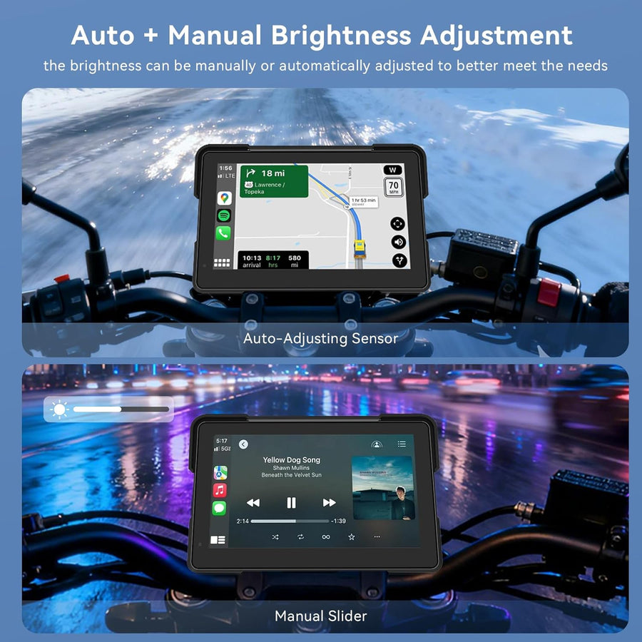 Écran Carplay Moto 7" sans Fil pour CarPlay et Android Auto avec Détection de la Pression des Pneus, IPX67 étanche, Double Bluetooth, Réglage Automatique de la Luminosité, GPS