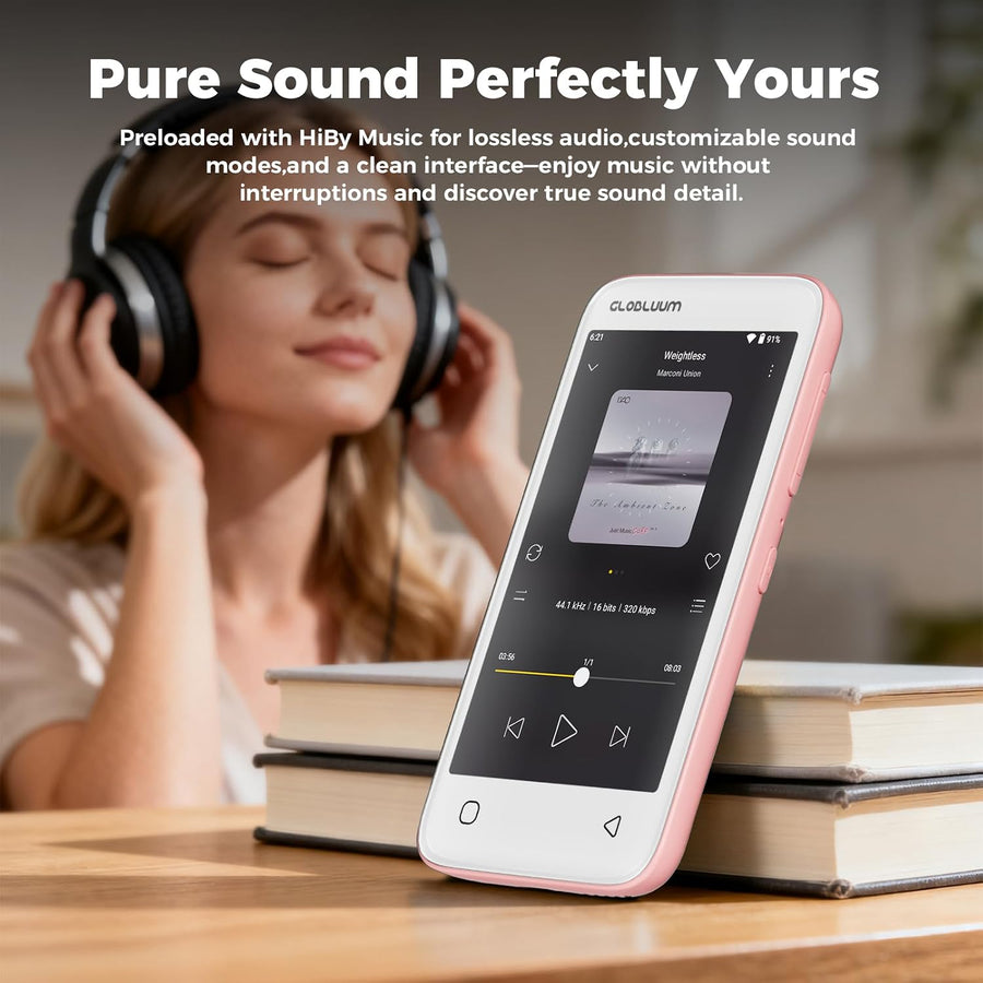 Lecteur MP3 Bluetooth WiFi, Spotify Compatible, Lecteur Musique 32 Go Streaming musical, Audible compatible, Android 14, écran 4", contrôle parental, adapté aux familles, Rose