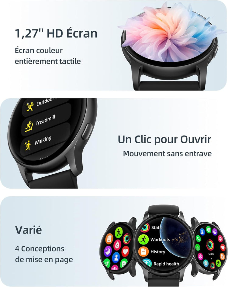 Montre Connectée Bluetooth Ecran 1,27" Fréquence Cardiaque 100 Modes Sport Étanche IP67 NOIR