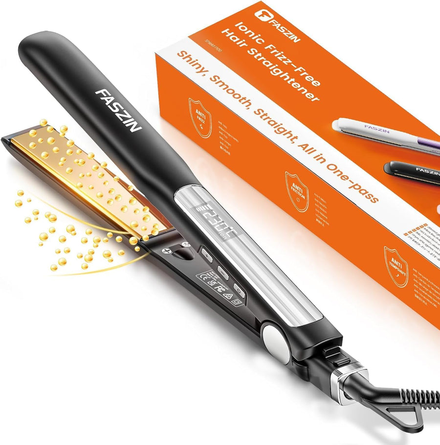 Fer à lisser 2 en 1 Boucler et lisser, 20s de chauffage rapide, plaques en titane Lisseur ionique pour un style lisse, panneau flottant 3D empêche les cheveux de tirer, avec écran LCD