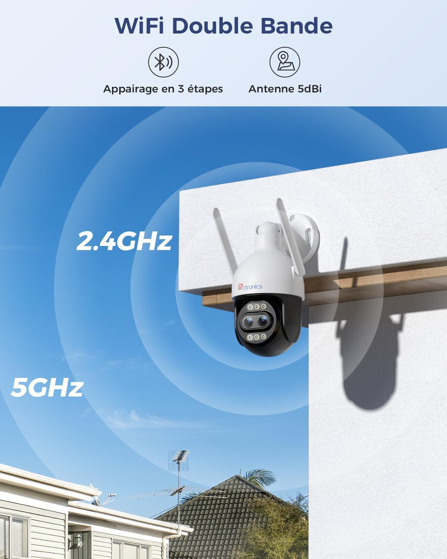Ctronics [Zoom Hybride 10X 4K Caméra de Surveillance Extérieure, Double Objectif, Métal IP Camera 2.4/5GHz WiFi, Suivi Auto/Détection Hum/Véh/ANI, 256GB TF/Cloud/PC, Vision Nocturne Color, IP66