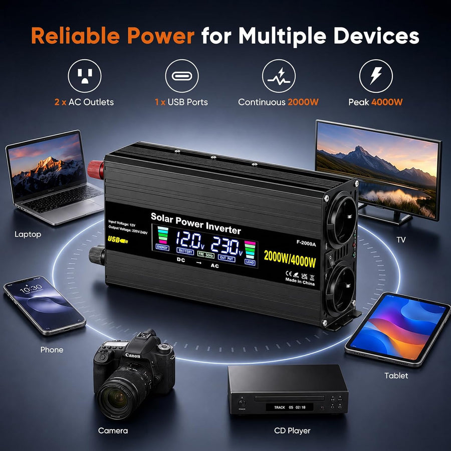 Convertisseur Pur Sinus Pro 2000W/4000W 12V 220V/230V de Tension Volts Voiture Solaire Power Inverter sinusoïdale DC AC, Onduleur Transformateur