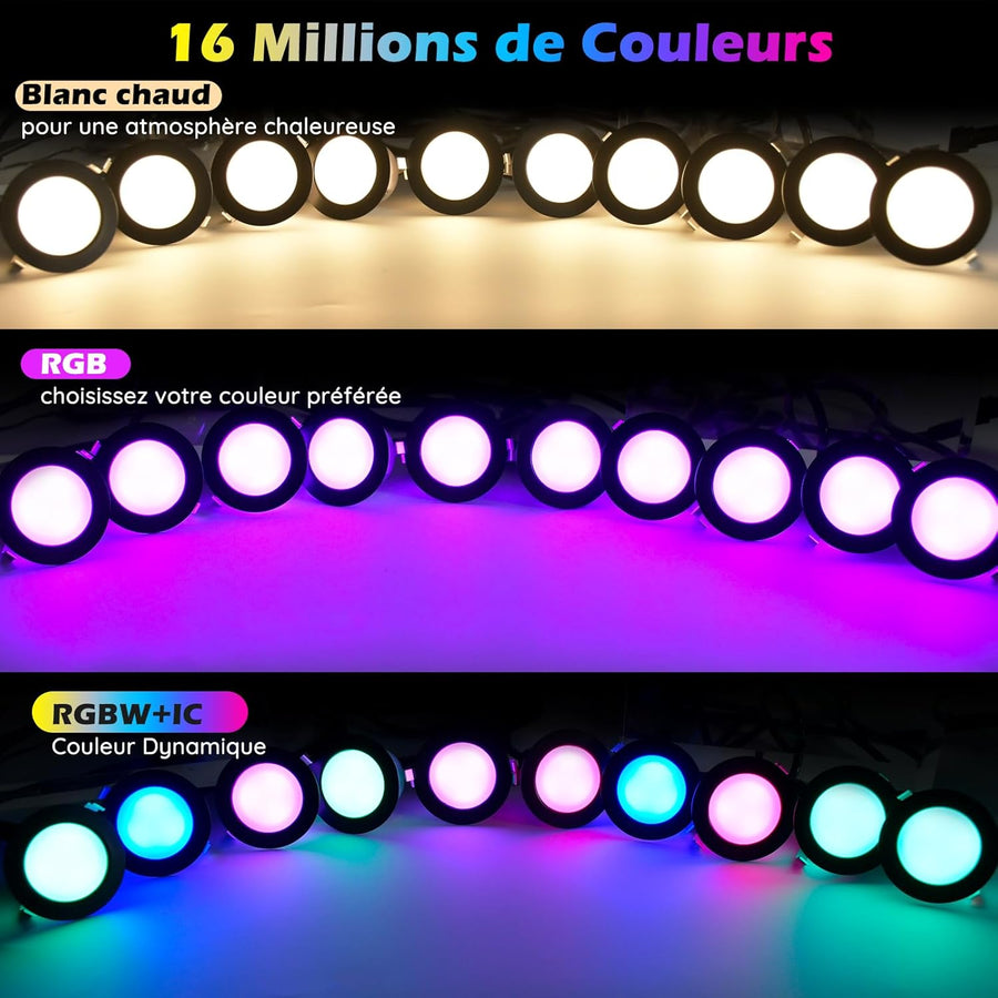 Lot de x6 Home WIFI Spot LED Encastrable Extérieur Ø45MM 12V RGBW+IC Couleur Dynamique Etanche IP67 Spots à Encastrer Extérieur pour Terrasse Bois,Patio, Chemin, Mur, Jardin, Décoration