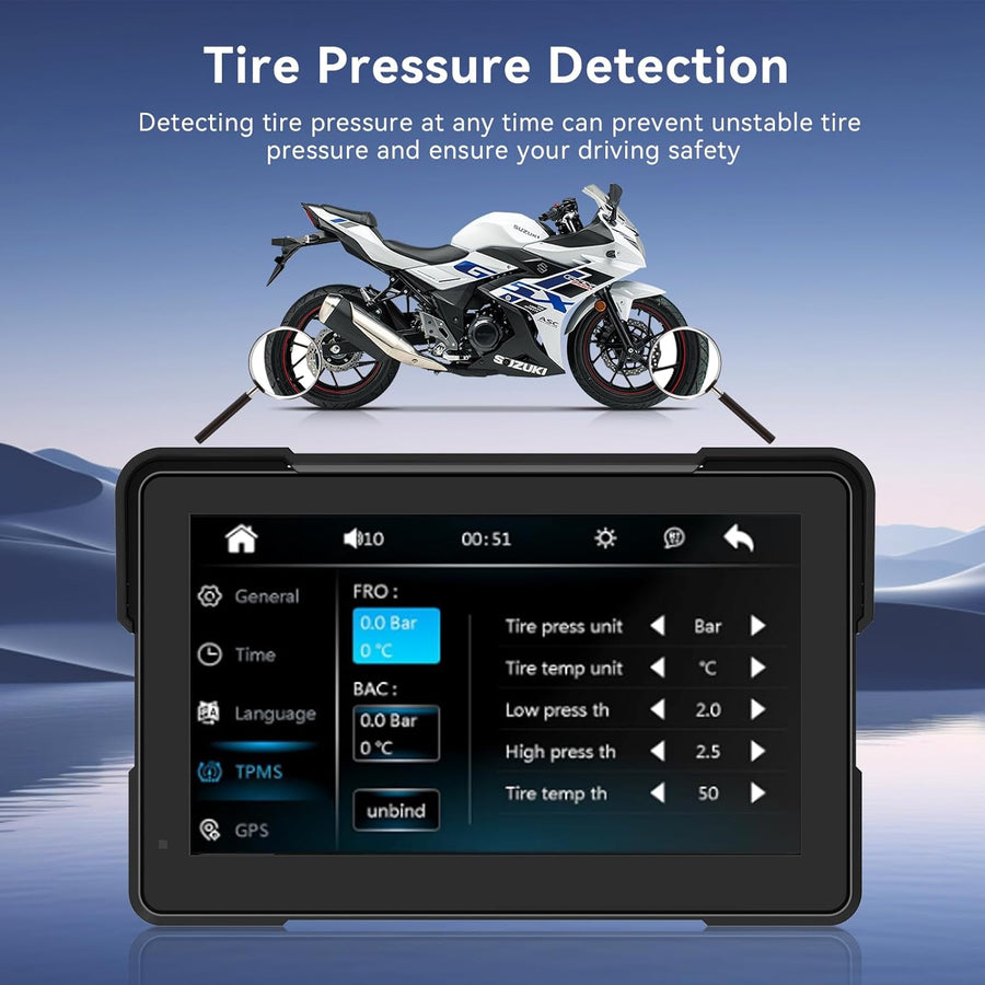 Écran Carplay Moto 7" sans Fil pour CarPlay et Android Auto avec Détection de la Pression des Pneus, IPX67 étanche, Double Bluetooth, Réglage Automatique de la Luminosité, GPS