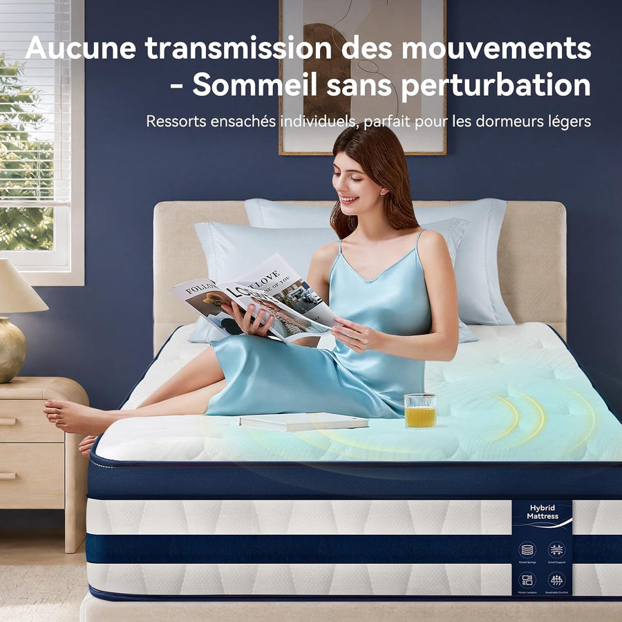 Matelas 120x200, 26 cm Hybride à Ressorts Ensachés et Mémoire de Forme Soutien Mi-Ferme, Confort Rafraîchissant, Isolation des Mouvements, Tissu 3D Respirant, Bords Renforcés, Matelas en Boîte