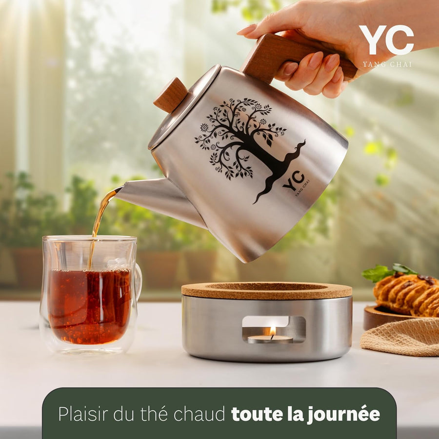 Théière en Acier Inoxydable 1,3L avec Infuseur – Théière Design avec Réchaud Chauffe-Thé et Poignée en Bois – Accessoire Elégant pour Infusion, Tisane et préparation de Thé en Vrac