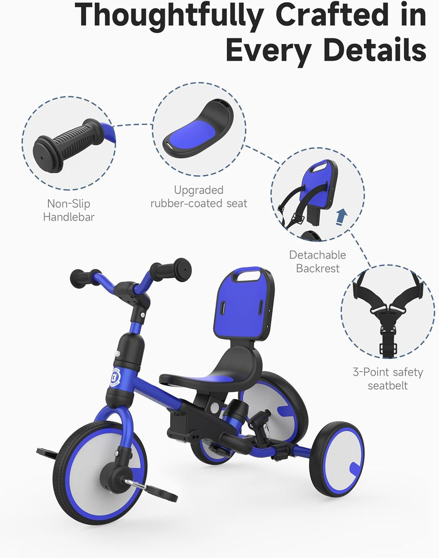 Tricycle pour Tout-Petits de 1 à 3 Ans, avec Roue de Secours, Tricycle Multifonctionnel pour Enfants avec Barre de poussée, Dossier et Ceinture de sécurité