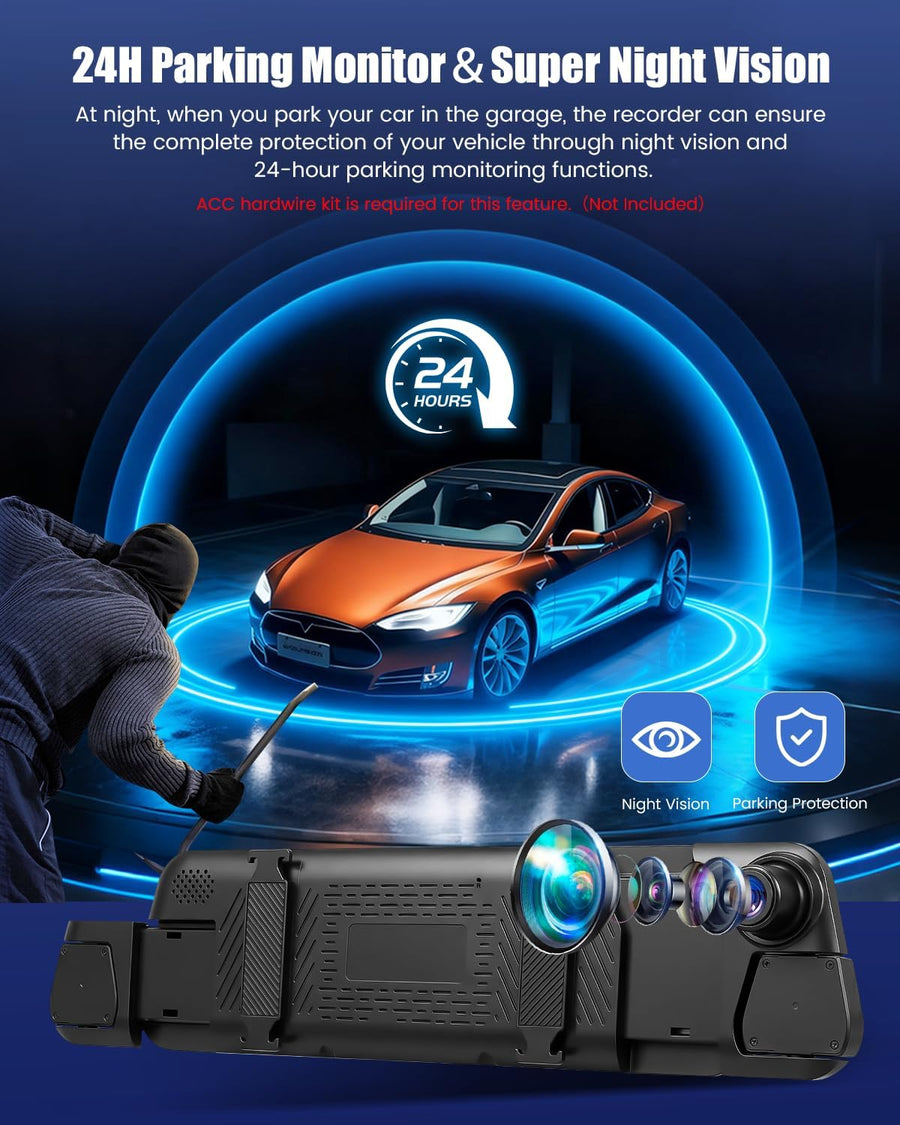 Dashcam Rétroviseur 4 Canaux 1080P, IPS Tactile 9,7 Pouces Trois Vues 720P, WiFi, Streaming, Aide au Recul, Enregistrement en Boucle et Carte 64 Go pour Conduite Quotidienne