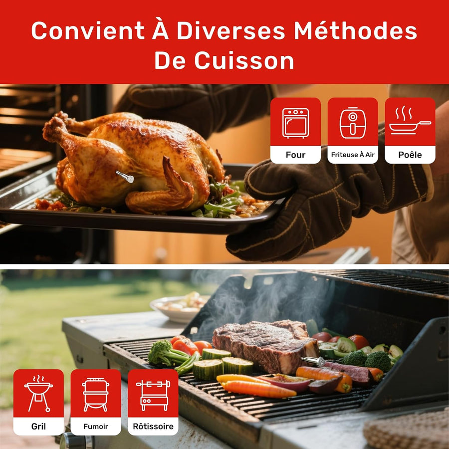 Thermomètre à viande sans fil avec Bluetooth et Wi-Fi, 2 sondes, 6 capteurs