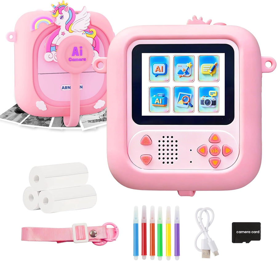 ARNSSIEN Appareil Photo Numérique IA, Appareil Photo Enfant, Écran IPS 2,4" Appareil Photo Instantané Enfant 1080P avec Détection d’Objets, Chat IA, Bluetooth et Wi-Fi, Cadeau Voyage 3-12 Ans, AI M2