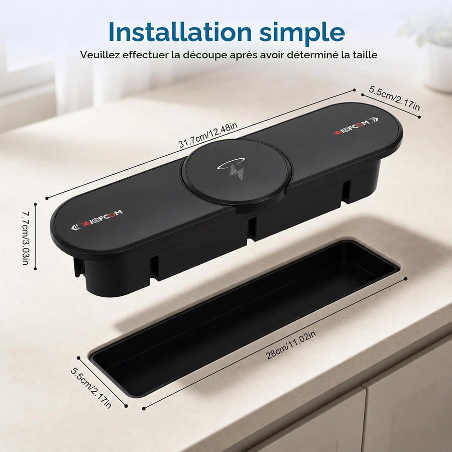 Prise Encastrable de Bureau avec Capot Coulissant Métallique Multiprise 6-en-1 avec Chargeur Sans Fil 15W Qi, 2 AC 2 USB-A 2 USB-C, 2500W, pour Bureau Cuisine