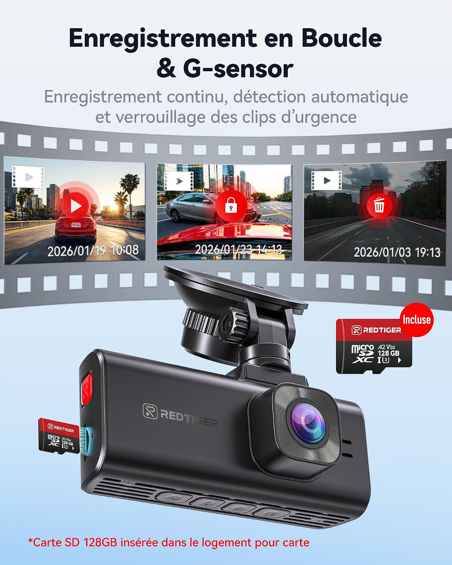 REDTIGER Starvis 2 IMX678 Caméra embarquée 4K avant et arrière 8 MP UHD Carte gratuite de 128 Go, Wi-Fi 5,8 GHz (20 Mo/s), GPS et commande vocale, vision nocturne HDR, surveillance du stationnement