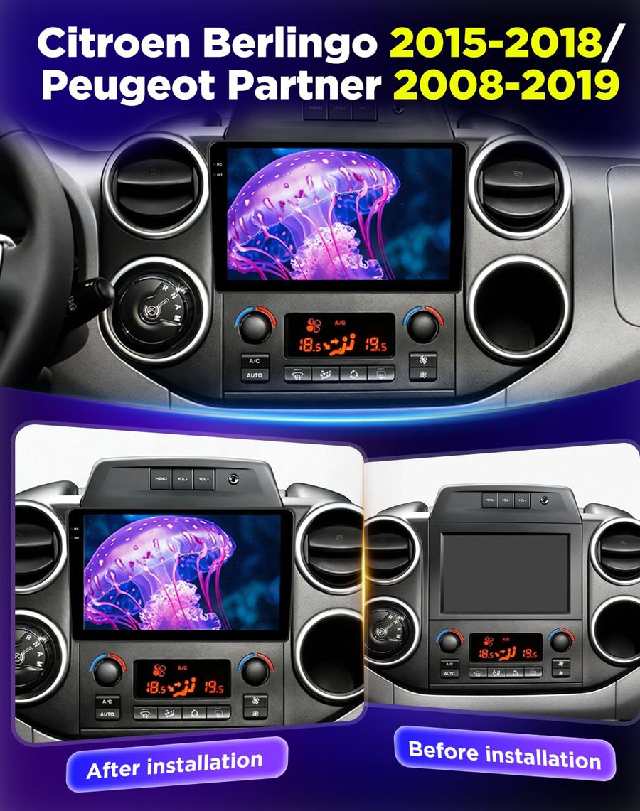 Autoradio 4+64G pour Citroen Berlingo 2015-2018/Peugeot Partner 2008-2019 avec Carplay et Android Auto - Écran incell 9 Pouces Prise en Charge WiFi GPS Commandes au Volant + Caméra de recul