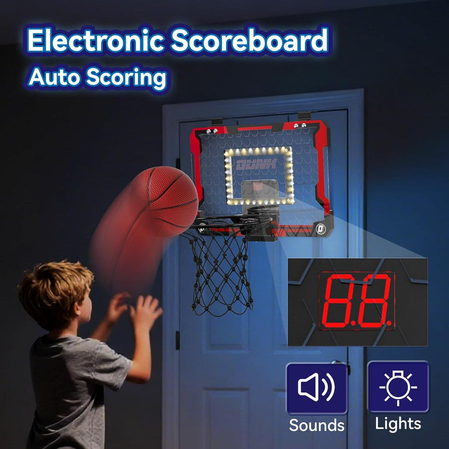 Panier de Basket Interieur pour Enfants avec 4 Ballon de Basket, Panier de Basket Intérieur Mural avec Tableau d'affichage électronique et Lumière LED
