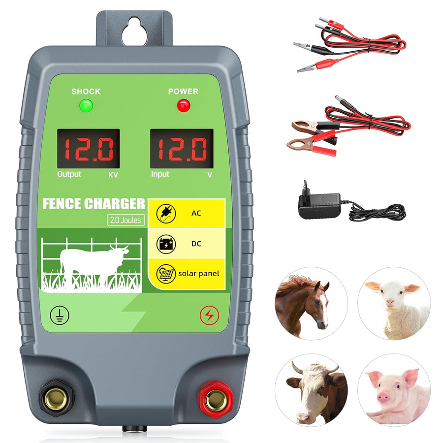 Dispositif de clôture électrique 2J 10 km Range de commande Energizer de clôture électrique étanche avec affichage LED 3 options d'alimentation pour les agriculteurs, les éleveurs