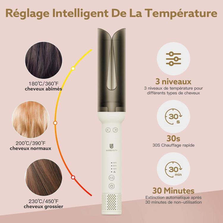 Fer à Boucler Boucleur Cheveux Automatique Ion Négatif Température Réglable 180°- 230°C BLANC
