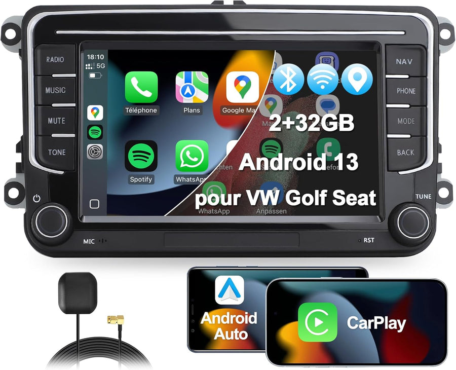 Autoradio 2DIN, 7" Radio Voiture pour VW Golf, Passat, Seat, Touran, Skoda, CarPlay & Android Auto, Commandes au Volant, Écran Tactile & Boutons Physiques, EQ, FM, GPS Navigation, MirrorLink