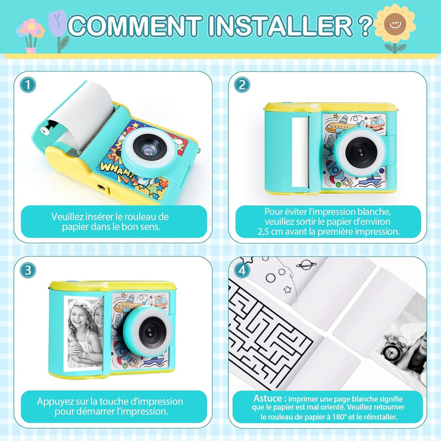 Appareil Photo Instantané Enfant - Caméra Écran IPS 2,4" - Modes Selfie & Vidéo - 32 Go + 3 Rouleaux Papier Photo BLEU