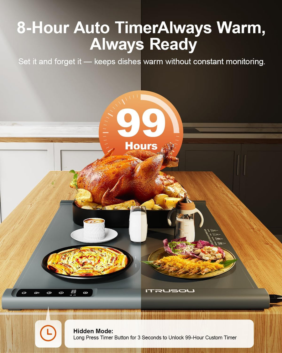 Plaque Chauffante pour Aliments, Tapis Chauffant Électrique Enroulable Extensible avec 7 Températures, Minuteur 99H, Affichage ℃/℉, Idéal Réchaud Buffet, Repas, Réceptions Garder au Chaud