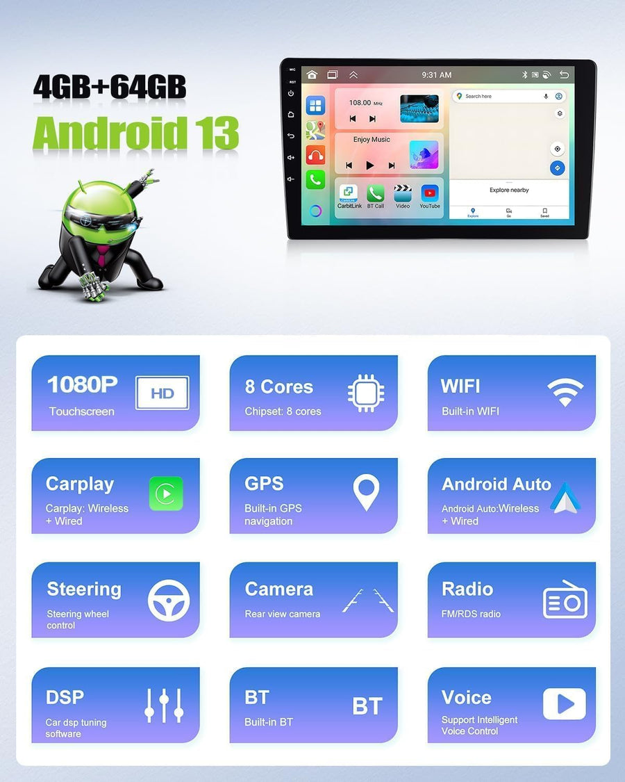 Autoradio 4Go+64Go pour Mercedes Benz Classe C W203,W209 C180, C200(2005-2009),Wireless Carplay Android Auto, 9 Pouces 2 Din Bluetooth 5.0/GPS/WiFi /32EQ DSP+MIC