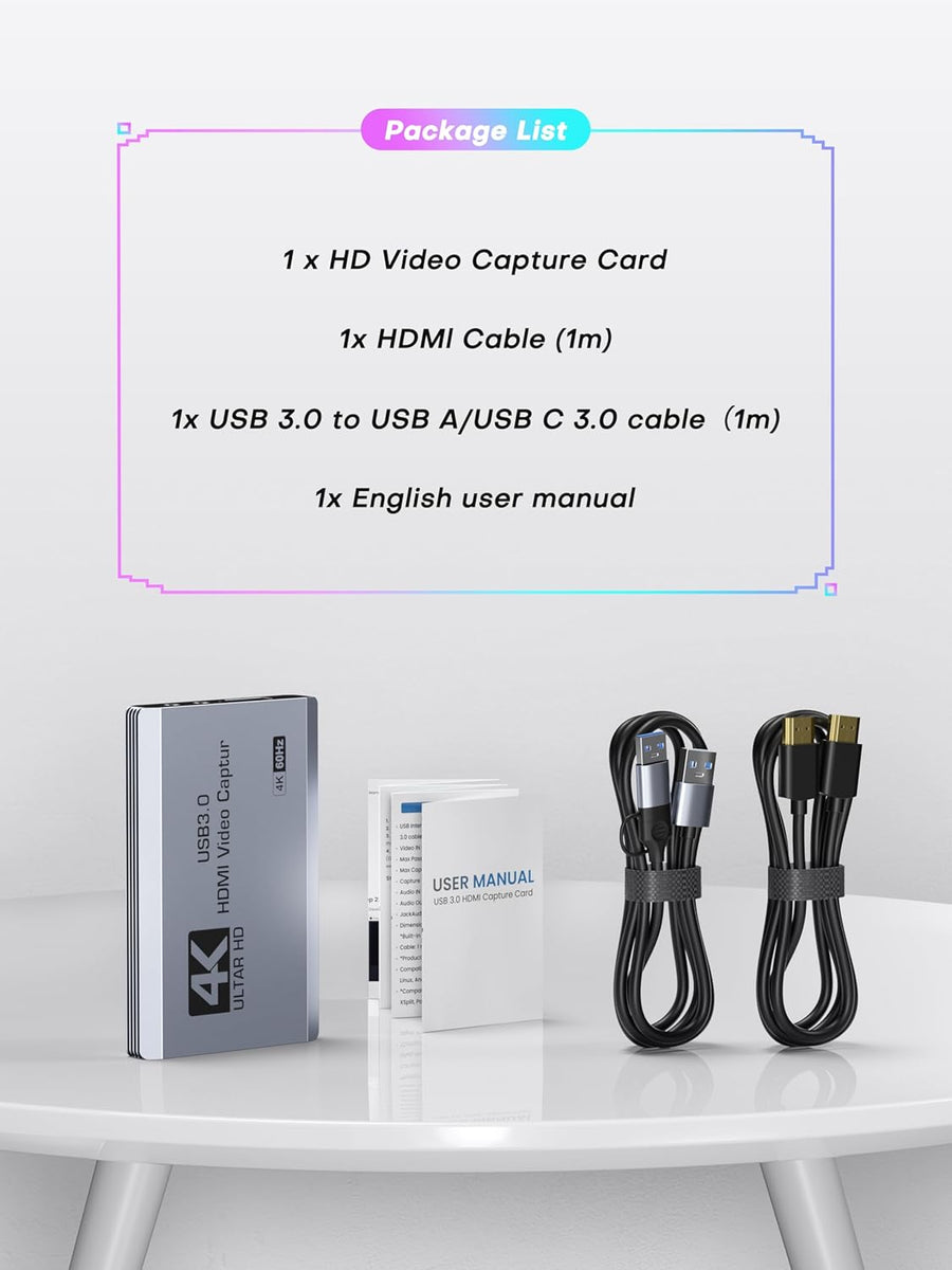 Carte de Capture vidéo, USB 3.0 Carte de Capture 4K HDMI Loop-Out, 4K 60FPS/1080P 240FPS Capture de Jeu vidéo pour Fonctionne pour PS5/caméra/PC/streaming