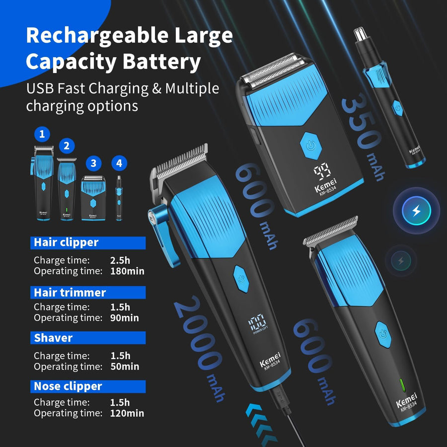 Ensemble de tondeuses à cheveux professionnelles pour homme, rasoir en aluminium, barbe, nez, oreille, kit de toilettage sans fil, tondeuse à cheveux électrique