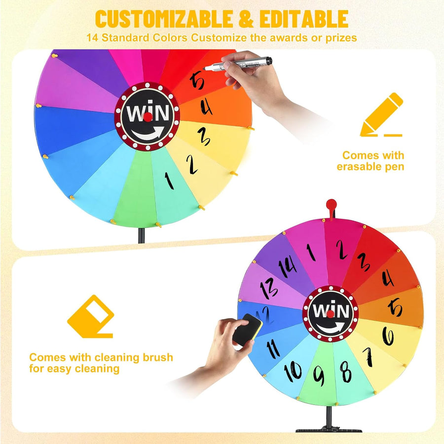 Roue de la Fortune 60 cm, Support Réglable sur Pied, Roue à Tourner Personnalisable 14 Cases Effaçables, Tirage au Sort & Loterie, Chance, Tombola, Foire