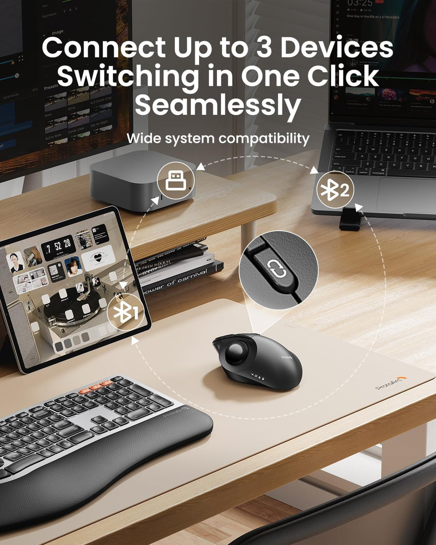 Souris à Boule sans Fil, EM02 Souris Ergonomique Bluetooth Rechargeable pour Ordinateur, Angle Ajustable et Connexion à 3 appareils, Suivi Fluide pour Ordinateur Portable, PC, Mac