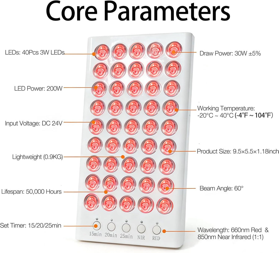 Panneau de lumière rouge - Double longueur d'onde LED 660 nm et 850 nm, avec support ajustable, 40 LED, minuterie 15/20/25 minutes, idéal pour la relaxation du visage et du corps