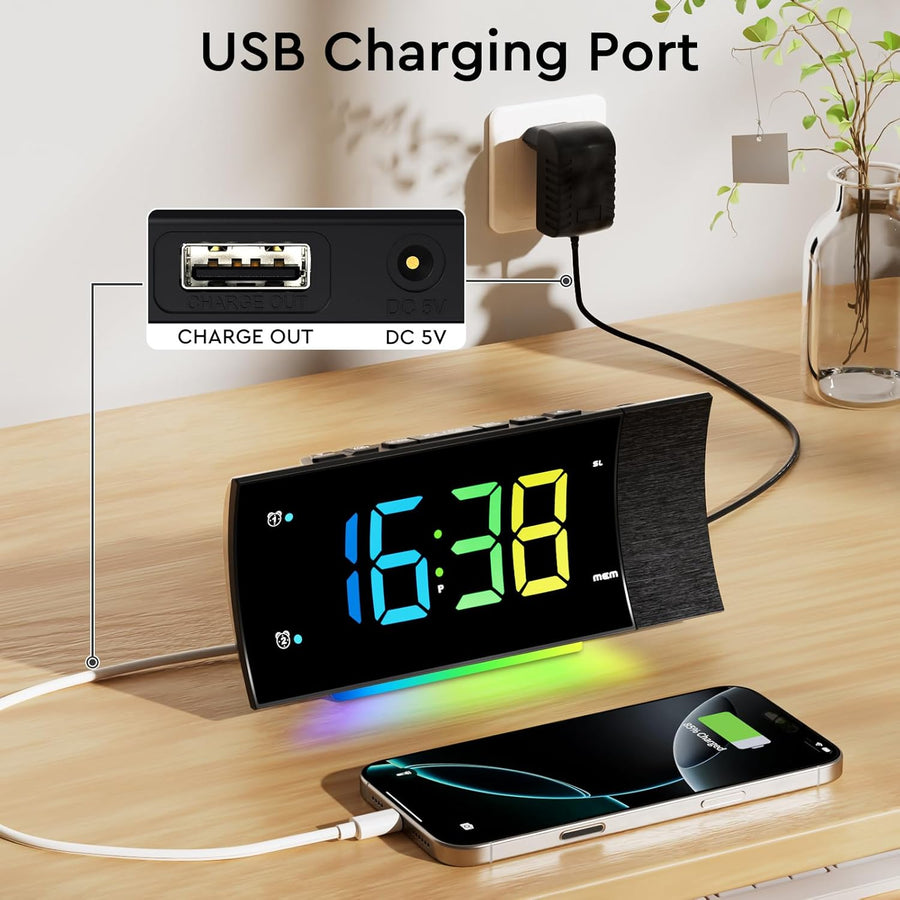 Radio Reveil Projecteur Plafond 180° FM Numérique, Grand Écran LED, Chargeur USB, Double Alarme, 12/24H, Snooze, Horloge Projection Plafond