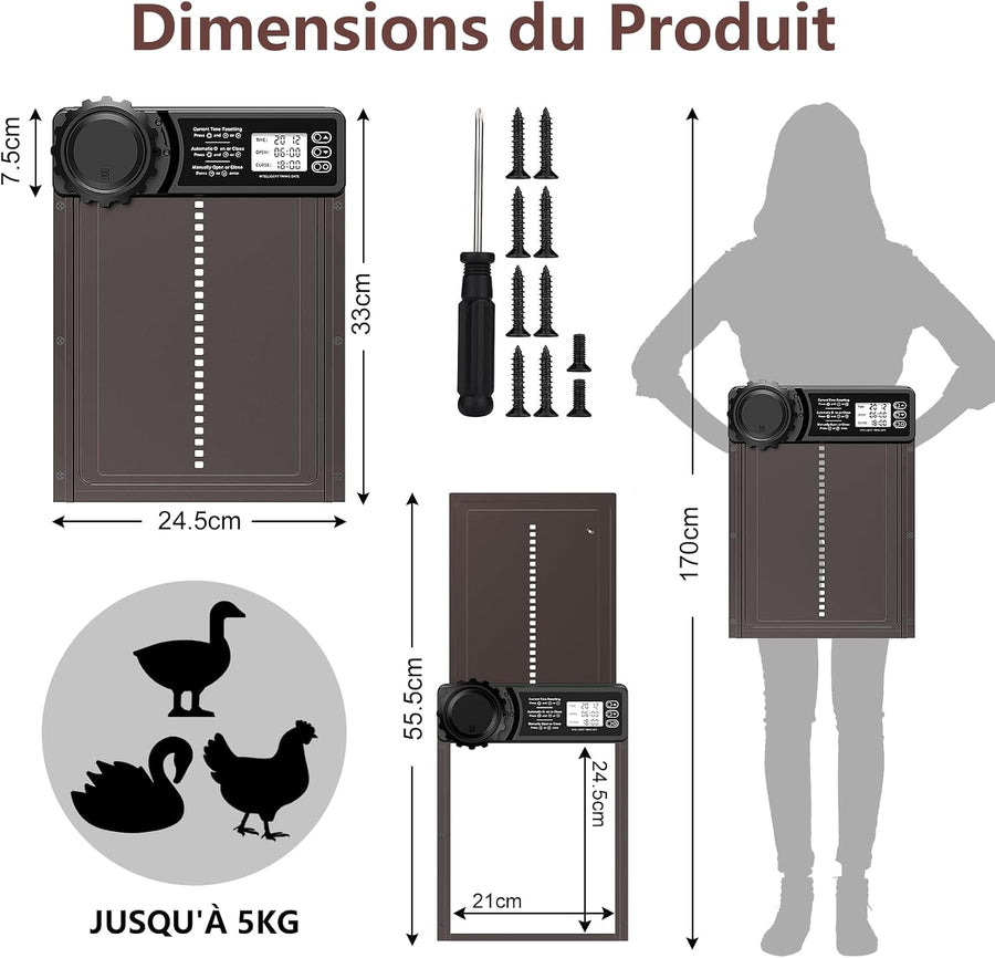 Porte Poulailler Automatique Batterie avec Minuterie Porte Automatique Poulailler en Aluminium avec Écran LCD Programmable Étanche, Fonction Anti-pincement, Ouvre-Porte Vertical