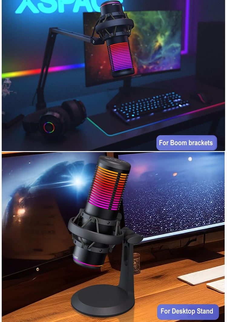 Microphone à Condensateur USB Lumière RGB Mute Gain Monitoring Plug&Play