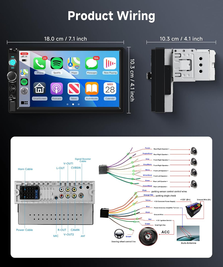 Autoradio 1 Din avec Carplay Android Auto sans Fil, 7 Pouces IPS HD Écran Tactile Poste Radio Voiture Soutien Bluetooth Radio FM EQ USB/TF/AUX Mirror Link SWC Caméra de Recul