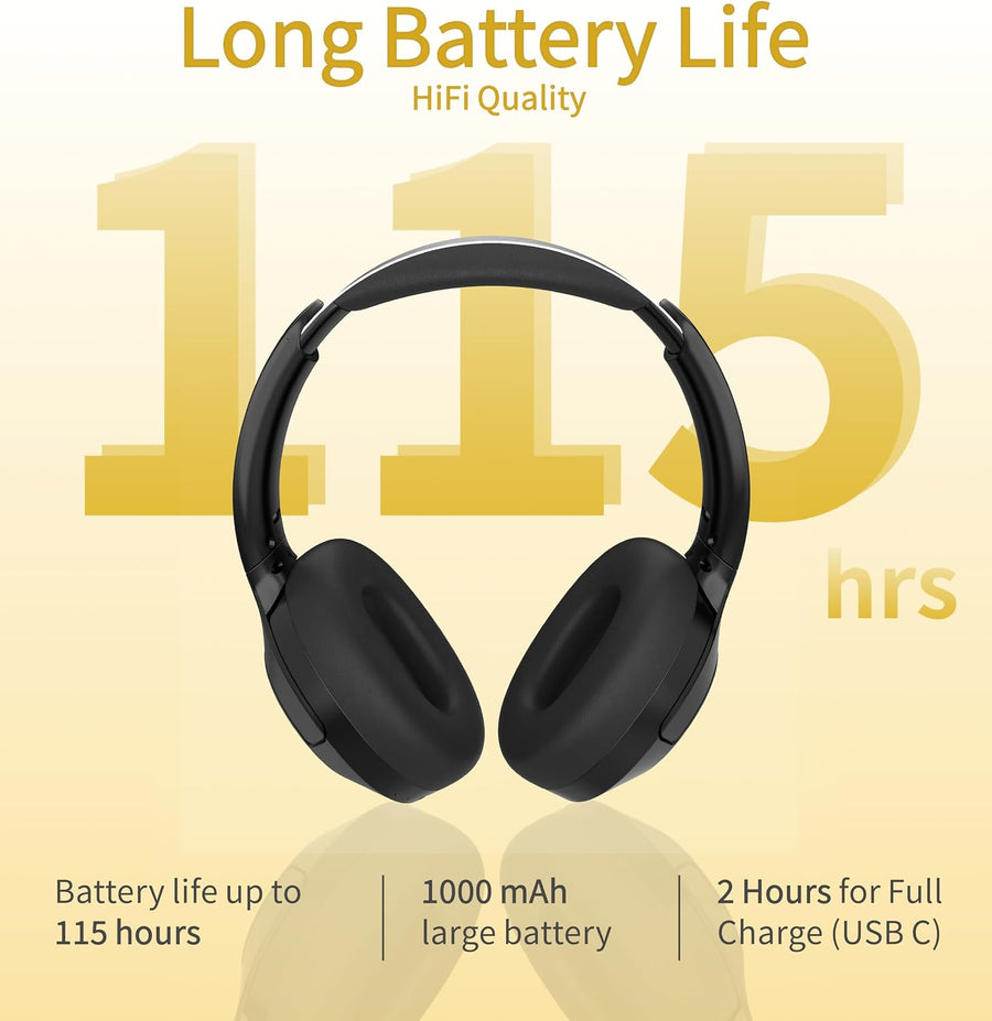 Casque Bluetooth sans Fil & Filaire, 115H d'autonomie Micro Intégré, Connexion Multipoint, Bluetooth 5.4, Câble 3.5mm, Son stéréo immersif, Confortable et Pliable, Rotation à 90°