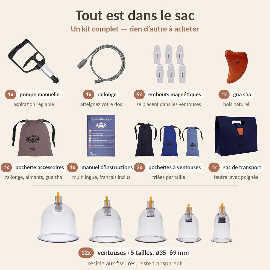 Kit 12 Ventouses Cupping avec Pistolet – Massage Dos et Corps Notice illustrée en français, 5 tailles ø35-69 mm, 6 aimants, tube d'extension et sac de rangement, hijama anti-cellulite