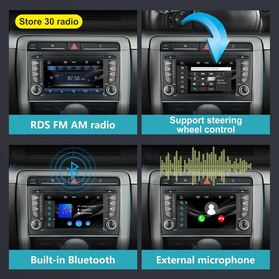 Autoradio Audi A4 B6/B7 2004-2008,avec Système Linux & Écran IPS 7",CarPlay sans Fil et Android Auto Intégrés,Commandes au Volant d'origine,Bluetooth 5.0,RDS AM/FM,USB,EQ/DSP & Puissance Élevée
