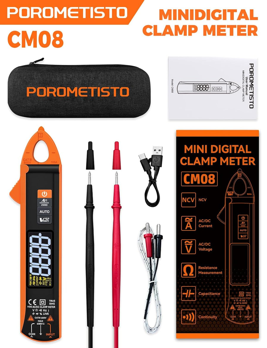 Pince multimètre , multimètre AC/DC 1mA/mV haute précision 6000 points, plage 100A/600V, détection NCV, résistance, capacité (nF/µF/mF), continuité et mode auto