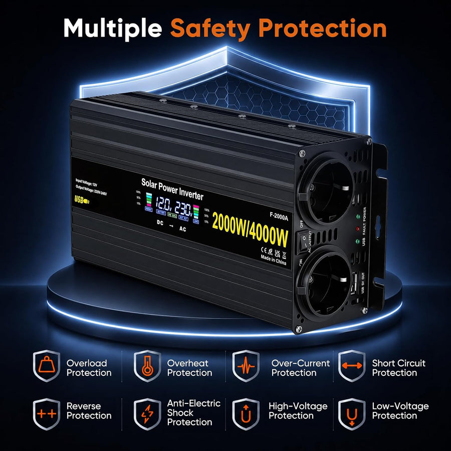 Convertisseur Pur Sinus Pro 2000W/4000W 12V 220V/230V de Tension Volts Voiture Solaire Power Inverter sinusoïdale DC AC, Onduleur Transformateur
