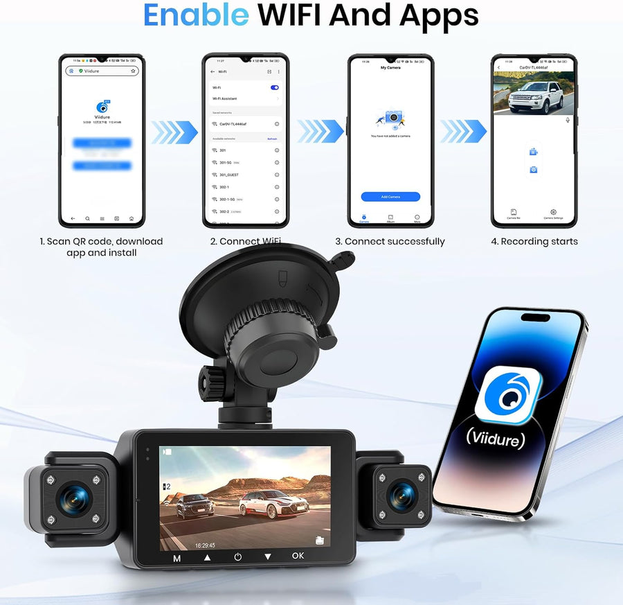 Dashcam Voiture 360° avec 5GHz WiFi, 4 Caméras Avant Arrière Intérieur Gauche, Nachtsicht Ohne Licht, Écran Tactile IPS 3", Enregistrement en Boucle, Capteur G,Contrôle Via Application