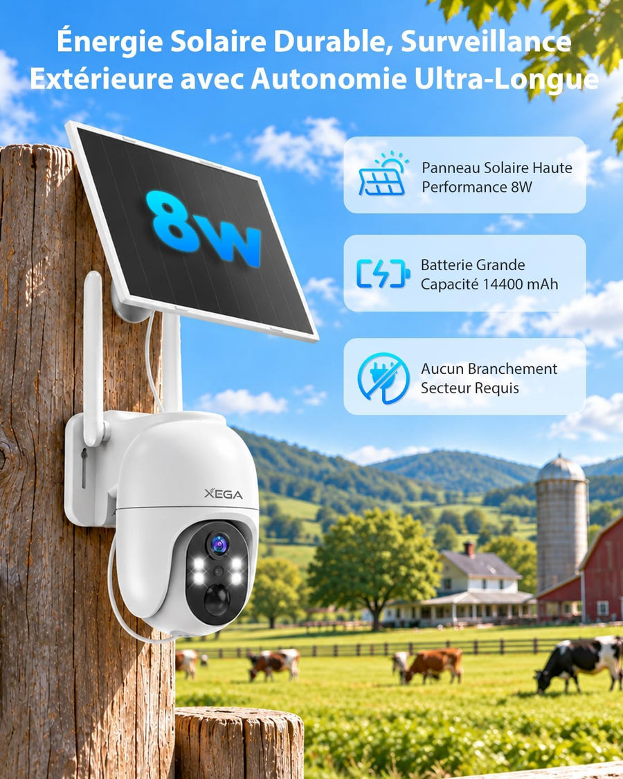 Caméra Surveillance 4G LTE Solaire avec Carte SIM,Enregistrement 24/7 Détection IA 25m, Audio Bidirectionnel, PTZ 355°, Panneau Solaire 8 W, 2K Vision Nocturne en Couleur, Abonnement Requis