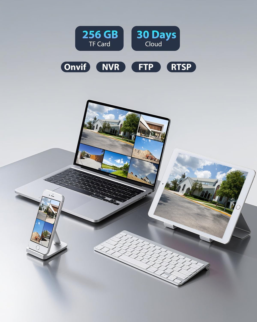 Caméra Surveillance 4K Extérieure avec Zoom Optique 5X, Vision Nocturne Couleur/IR Starlight 50m, Suivi Auto, Lumière Rouge-Bleue & Sirène, WiFi 5G/2,4G, App/PC, SD 256Go/FTP/NAS NOIR