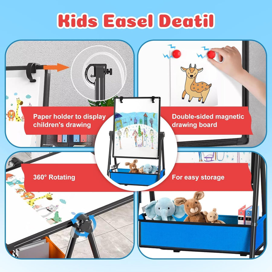 Chevalet Enfant Double Face Réglable 360° - Tableau Blanc & Noir avec Pince à Dessin - Cadeau Créatif