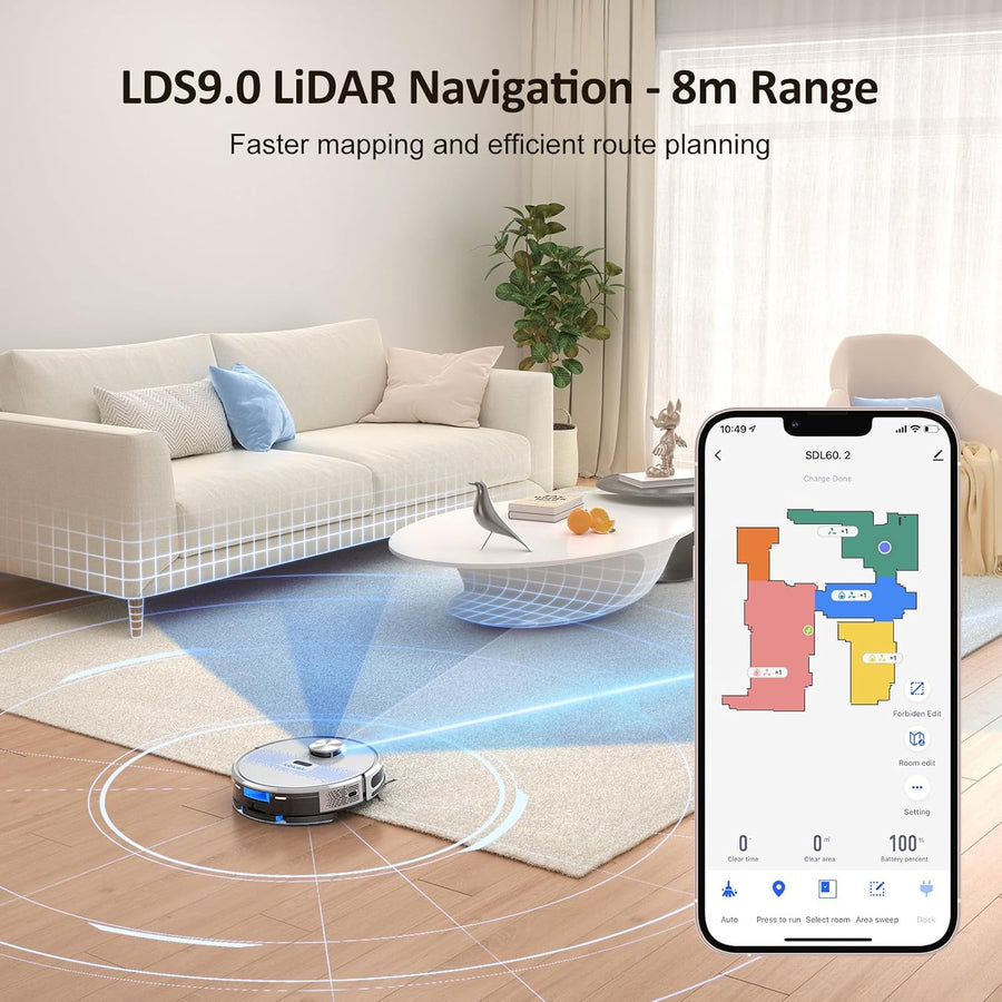 Robot aspirateur et balai à franges Combo 4000 Pa, navigation LiDAR, aspirateur robot laser 2 en 1, 5 cartographies modifiables, 10 zones d'interdiction, WiFi/application GRIS