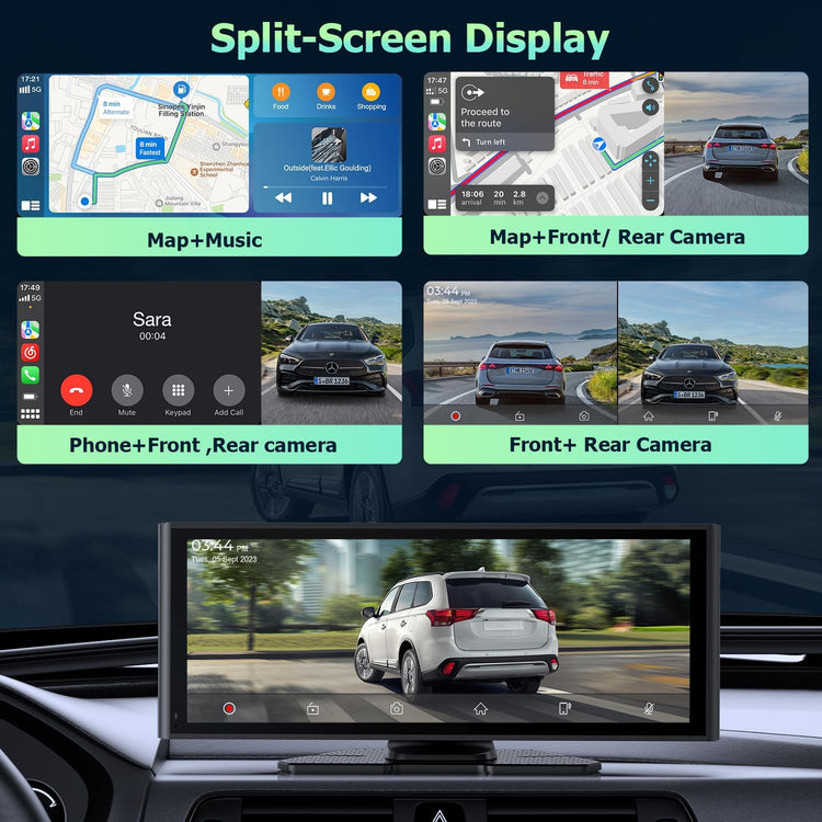 Ecran Carplay Auto 9.3" 1080P Caméra de Recul Dashcam Stéréo de Voiture IPS Écran Tactile avec Navigation, Assistant Vocal, Bluetooth, FM