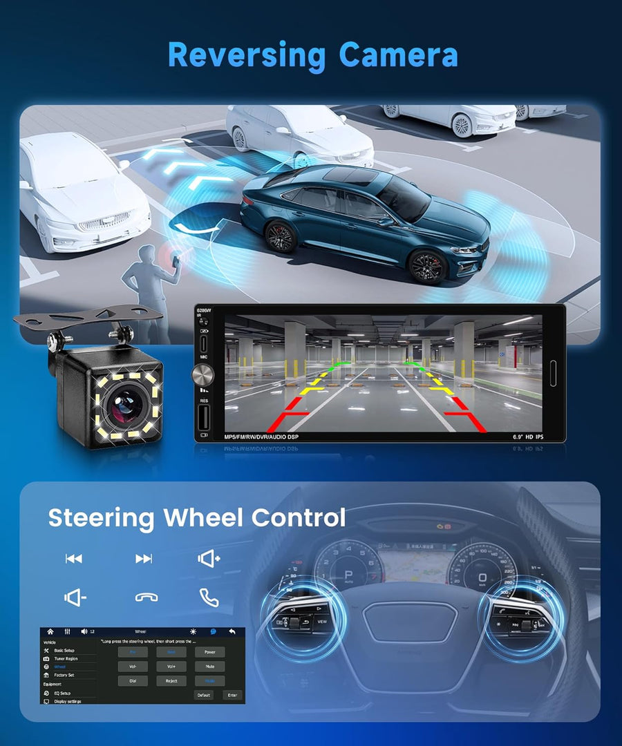 Autoradio 1DIN avec Wireless CarPlay & Android Auto,Autoradio 1 Din avec 6.9 Pouces IPS Touchscreen Mains Libres Bluetooth FM EQ Type-C USB Commande au Volant Caméra Recul Microphone