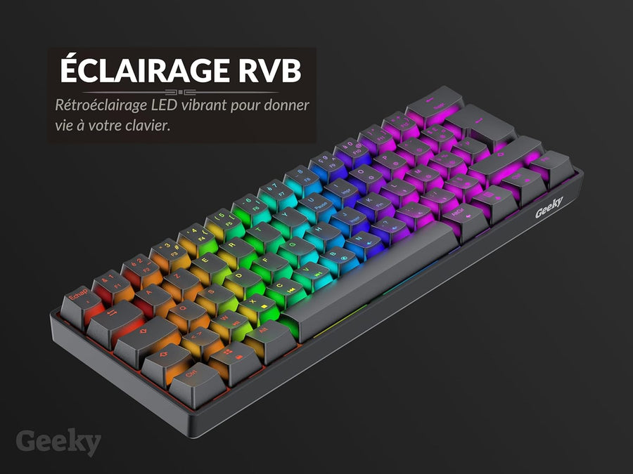 Clavier de Jeu Mécanique AZERTY 62 Touches Multicolores Rétroéclairées RGB LED pour Gaming