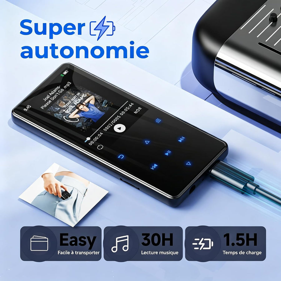 Lecteur MP3 64Go avec Bluetooth 5.3, Haut-Parleur intégré, Écran 2,4 Pouces Avec radio FM, enregistreur,Cadre central en métal,boutons tactiles, compatible avec les cartes mémoire jusqu'à 128 Go