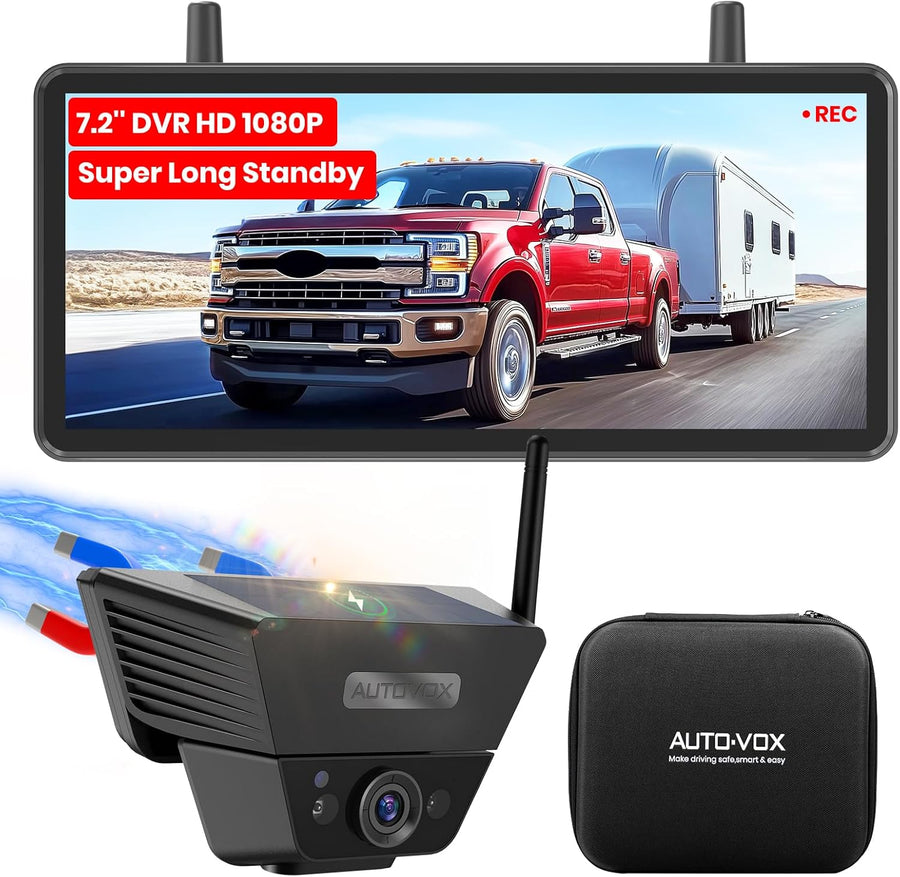 Camera de Recul sans Fil Solar avec Moniteur 7.2" 1080P HD: 1 Min Installation Rapide, avec Sac de Rangement, IP69K Imperméable