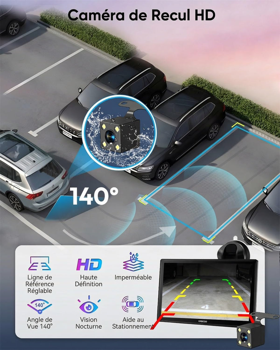 Écran CarPlay Voiture 9 Pouces  sans Fil avec Caméra de Recul HD Android Auto Apple CarPlay,Portable Autoradio,Écran Tactile IPS,Mirror Link,Bluetooth 5.3,Commande Vocale,Navigation GPS,AUX