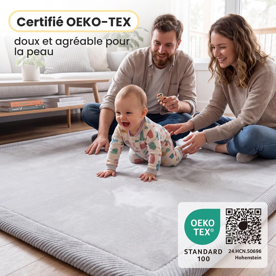 Tapis D’éveil Bébé Velours 120x170cm, Épais et Doux, 3,5cm Tapis Bébé Épais Tapis de Jeux Bébé avec Protection Anti-Choc Dessous Antidérapant, Oeko-Tex 100, Facile à Nettoyer,pour Jouer et Ramper, Gris